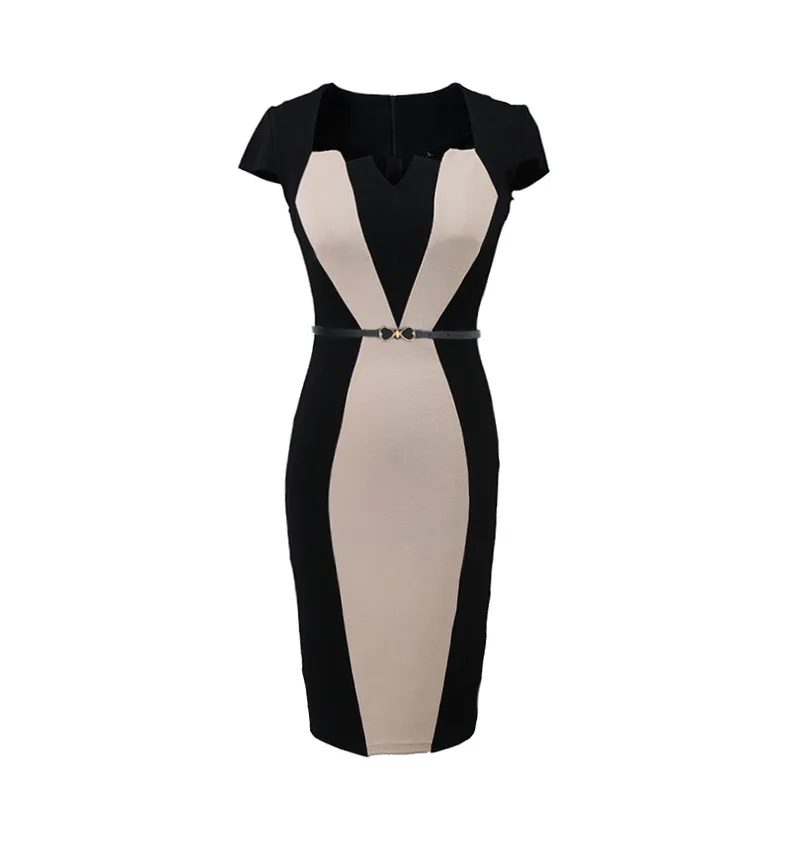 2020 New womens dress spring time Short sleeve Spliced square collar solid Matching color Splicing Slim Belt Pencil Dress