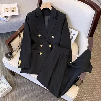 Long Sleeve Button Jacket + Long Wide Leg Pants Set Office Lady Slim Fit Two Piece Suit Women Blazer Set