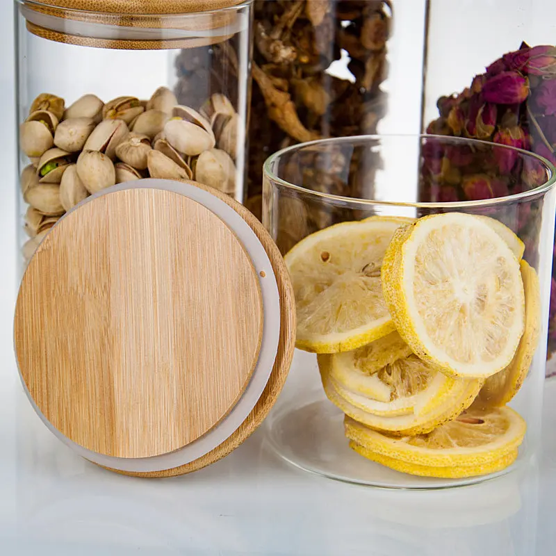 Kitchen Organizer Storage Bottles Round Airtight Coffee Tea Spice Glass Jar With Bamboo Lid Sealed Glass Food Storage Jars