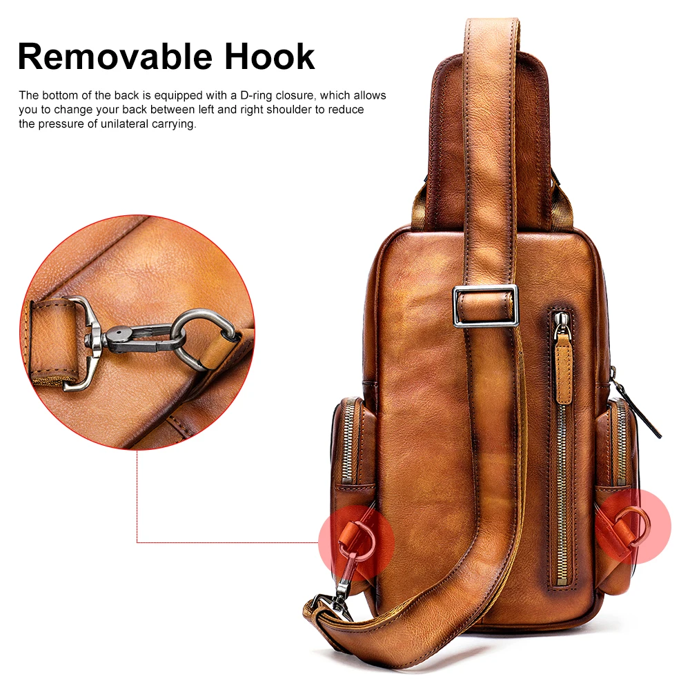 Vintage genuine leather men chest bag sling cross body luxury travel hiking shoulder daypack leather man bag