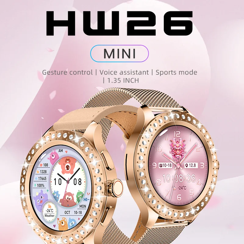 New HW26 MINI 1.35 Inch Lady Rose Gold Smart Watch Chatgpt Voice Assistant Heart Rate Detection NFC Sleep Detection