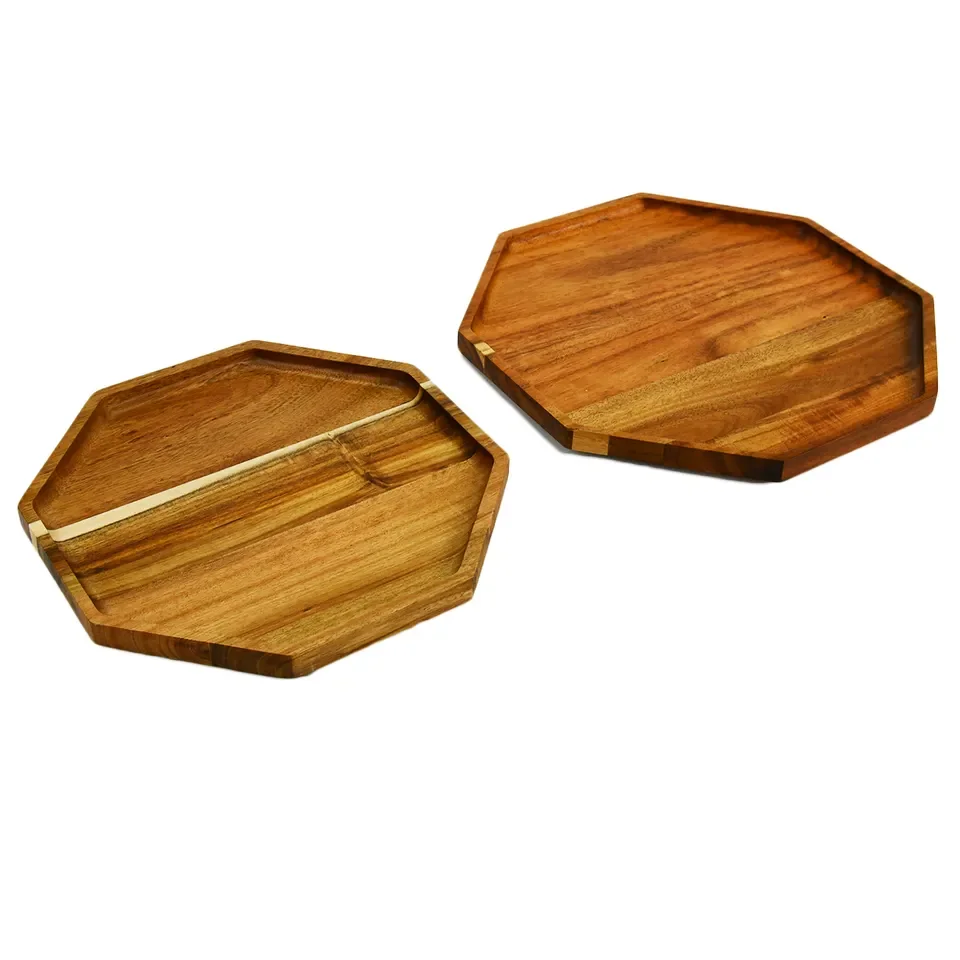 2 Pieces Tea Food Platter And Coffee Platter Eight Sided Shape Acacia Wood Serving Tray