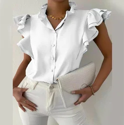 Fashion Hot Sale Design Wholesale Lotus Leaf Collar Open Button Double Layer Ruffle Short Sleeve Shirt