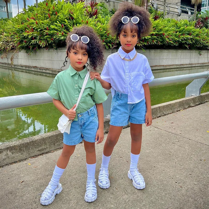 Summer new fashion toddler girls t-shirts Korean style short sleeve button lapel kids clothing little girls shirts tops