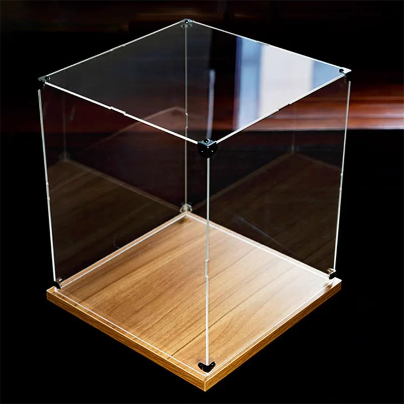 Customized Acrylic Storage Transparent Box，Acrylic Display with Wooden Base Dustproof Square Box