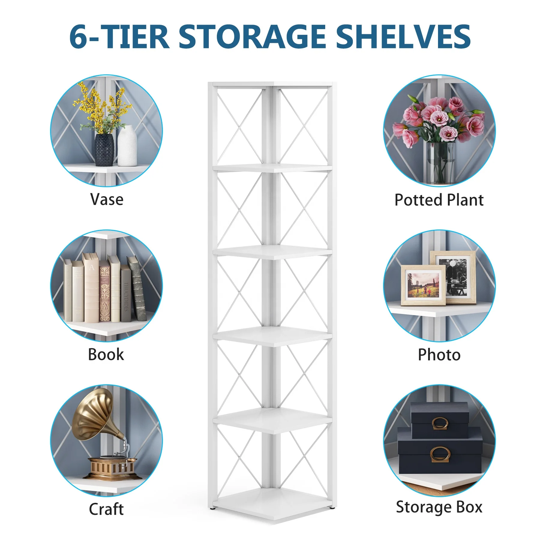 Industrial Wooden White 5 Tier Tall Corner Display and Storage Racks Bookshelf for Living Room Office Kitchen