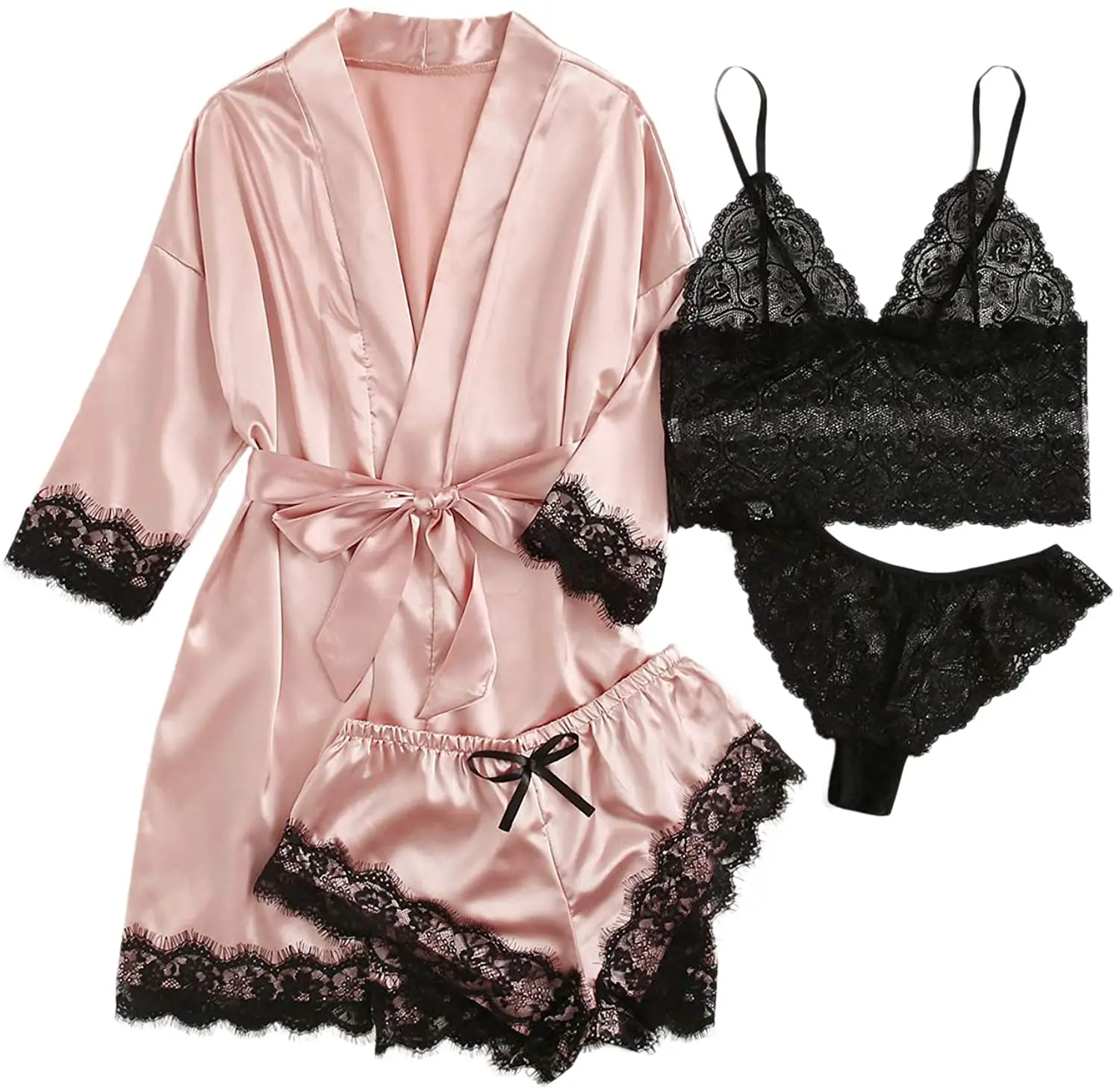 AFGF Women Lingerie Sets Floral Lace Trim Satin Cami Pajama Set,Sexy Nightdress Sleepwear with Robe 