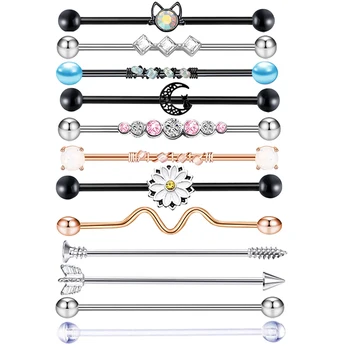 Mix Styles 14g Surgical Steel Industrial Piercing Barbell 14G Cartilage Earring Helix Ear Lobe Stretcher Bar Body Jewelry 20pcs