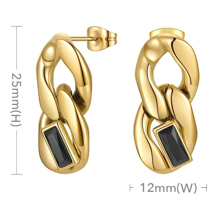 High Quality 18K Gold Plated Stainless Steel Jewelry Thick Chain Black Zircon Earrings E211300