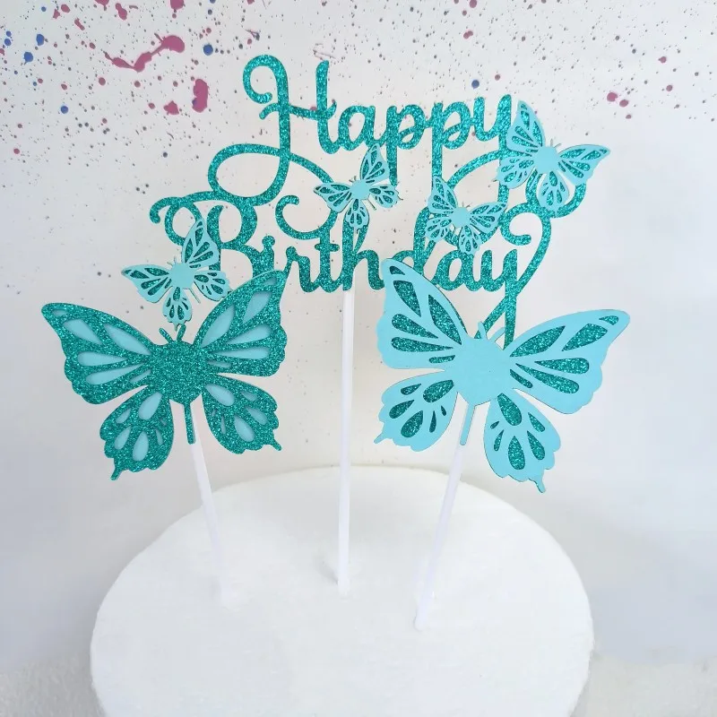 Shiny paper double butterfly Happy Birthday cake decoration party dessert table baking cake topper