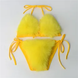 Sexy Fashion European and American Women Split Solid Bikini Swimwear Imitation Fox Fur Plush Swimsuits