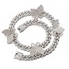 Diamond Womens Hip-hop Pink Gold Diamond Womens Big Butterfly Cuban Link Chain Necklace Bracelet Set