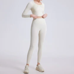 2023 Custom Logo Women Sportswear Gym Fitness Active Wear Long Sleeve Crop Top Set High Waisted Leggings Gym Fitness Yoga Sets