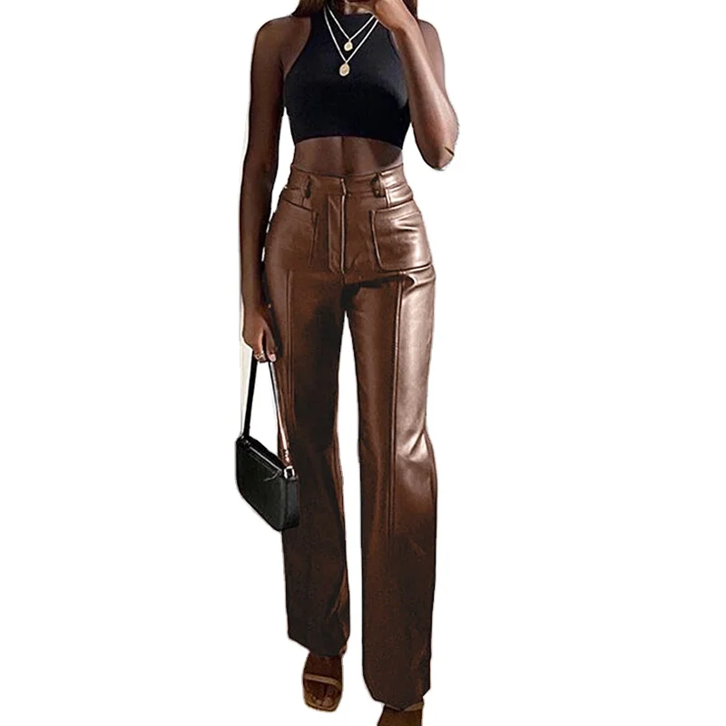 Weekeep Low Rise Leather Pants Women Baggy Straight PU Cargo Pants