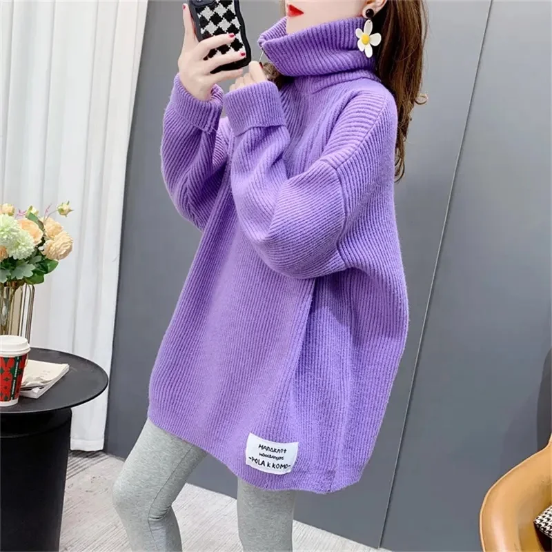 Autumn Winter New Half-Turtleneck Sweater Women Loose Versatile Lantern Sleeve Knitwear For Lady