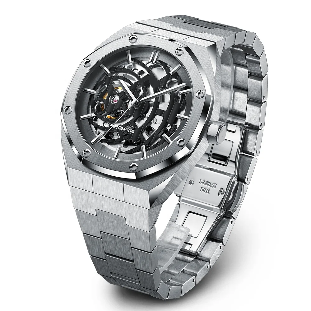 Unique Designer Automatic Watches Mens Brand Sapphire Crystal Glass Stainless Steel Mechanical Watch