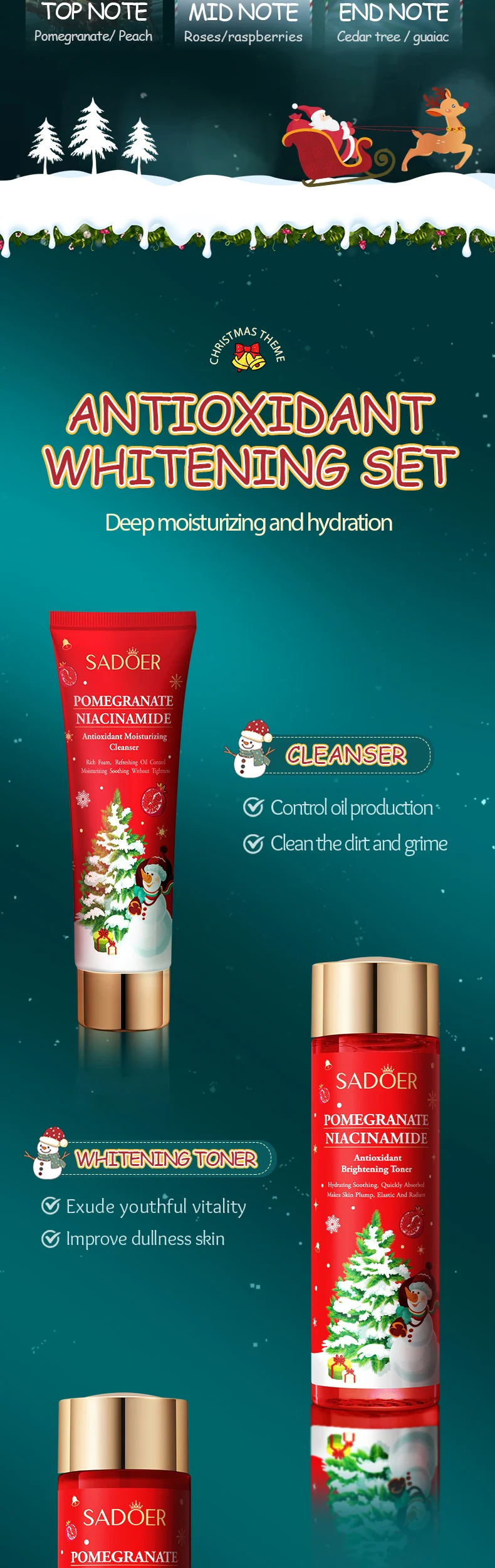 product sadoer christmas pomegranate niacinamide vitamin c herbal skin care set antioxidant brightening facial rejuvenation-8