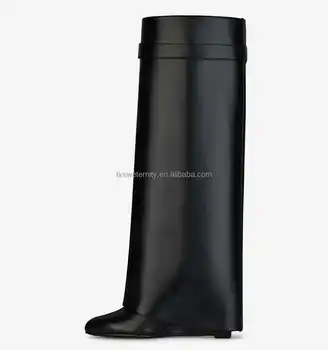 Top Quality Calfskin Leather Boots Knee High Boots Shark Lock Metal Buckle Covered Wedge Heels Luxury Design Women Trouser Boots