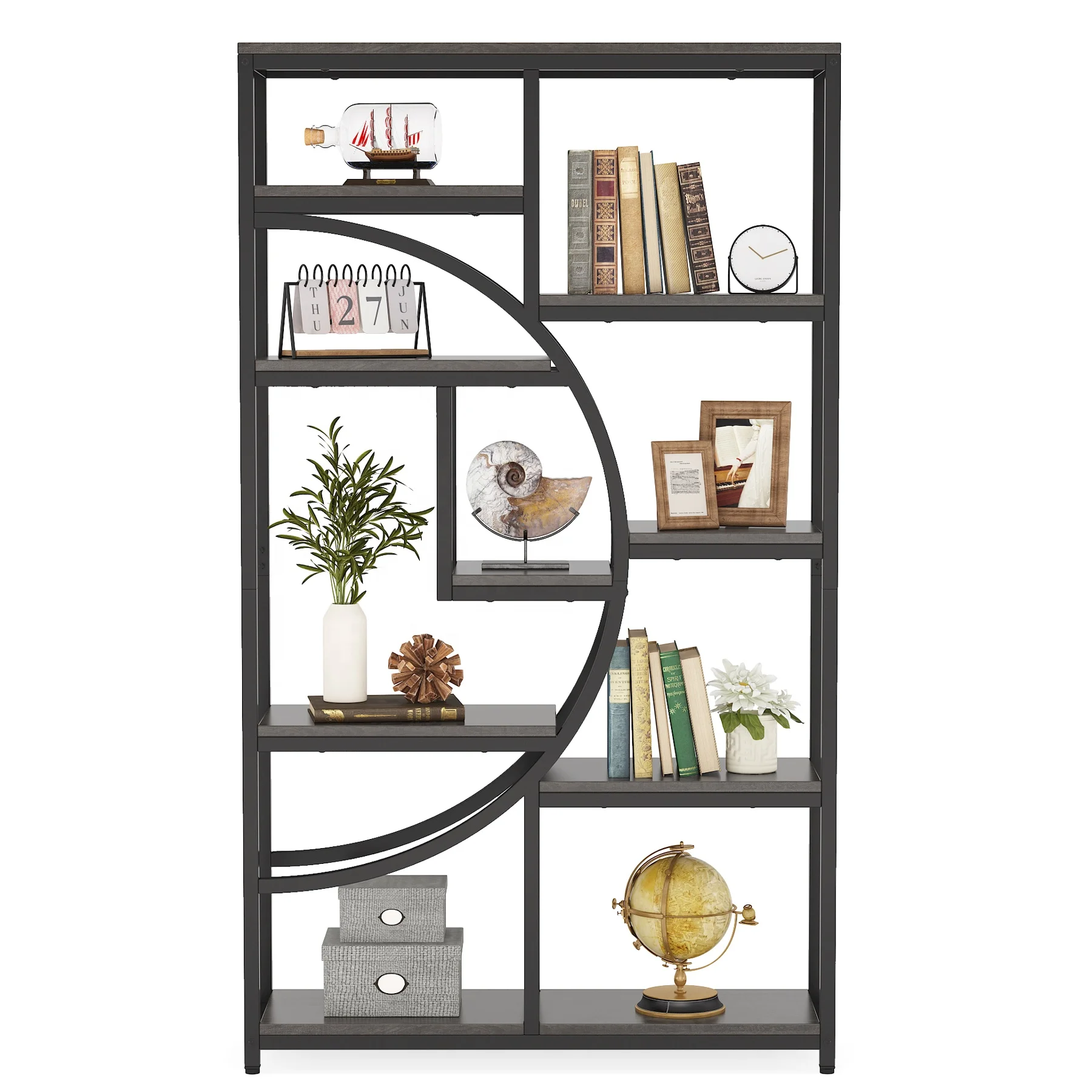 Large Etagere Triple Wide Bookshelf Open Display Shelves Geometric Tall Bookcase with Sturdy Metal Frame for decor Bedroom Home