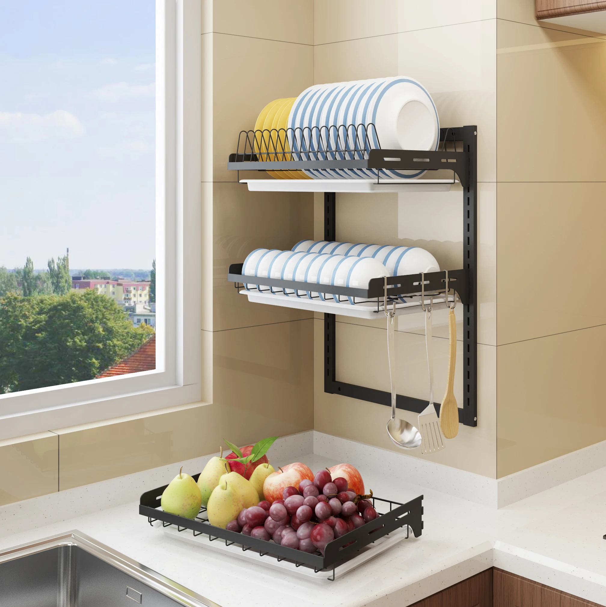 Details about   2/3 Tier Kicthen Rack Black Stainless Steel Shelf Wall Mount Plate Dish Drainer 