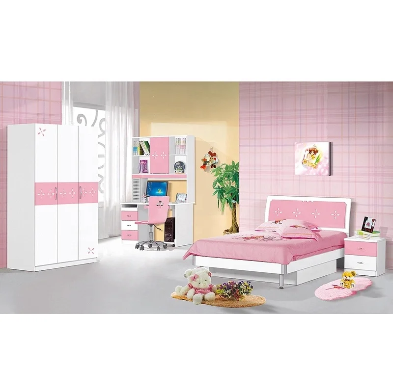 Modern Children Pink Princess Bed Sets High Gloss Kids Furniture Set Girls Bedroom Furniture For Sale