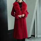 Coat Elegant Oversized Long Trench Wool Coat Belted Red Wool Cashmere Coat With Fox Fur Collar