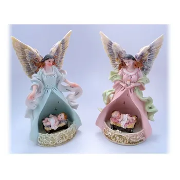 Guardian Angel Over Baby with Changing Colored Lights PolyResin Figurine