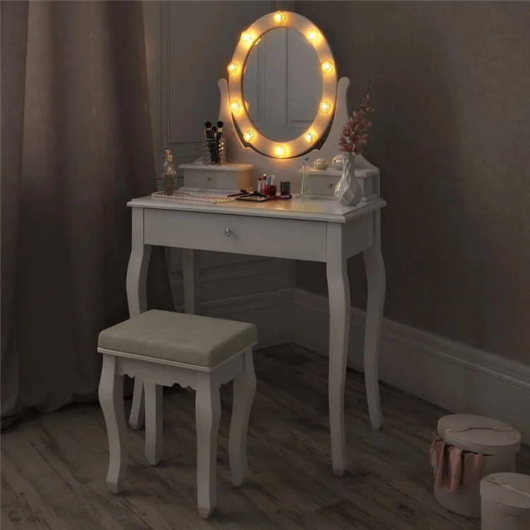 Luxury White Dressing Table With Mirror And Stool Vanity Table Set 4 Drawers Bedroom Dresser