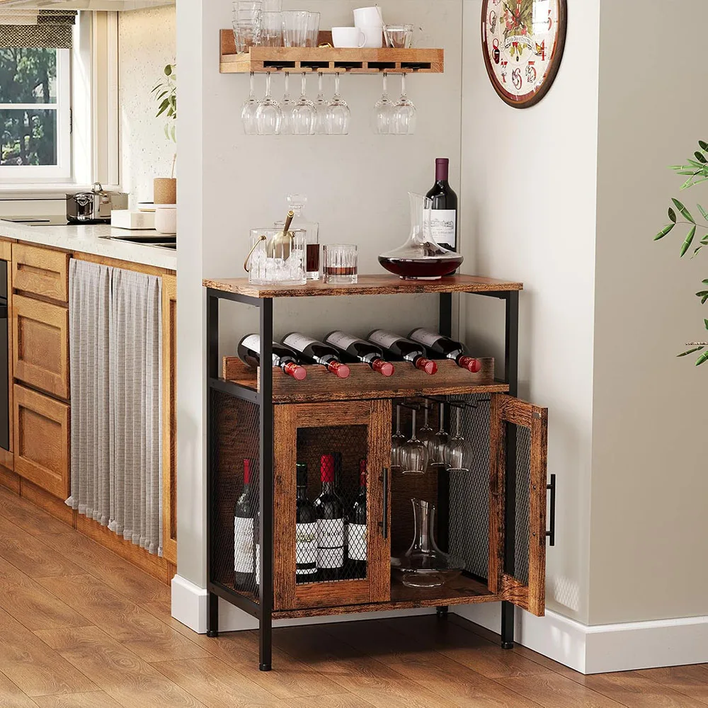 X-cosrack Rustic Brown Small Sideboard Buffet Cabinet Detachable Wine Coffee Bar Rack Glass Holder Patented Living Room Cabinets manufacture