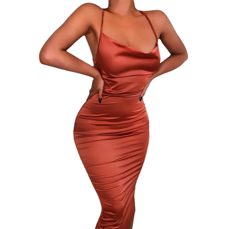 European 2021 Summer Solid Backless Satin Bodycon Casual Sexy Slip Dress Fluorescent Color Fasion Women Dresses