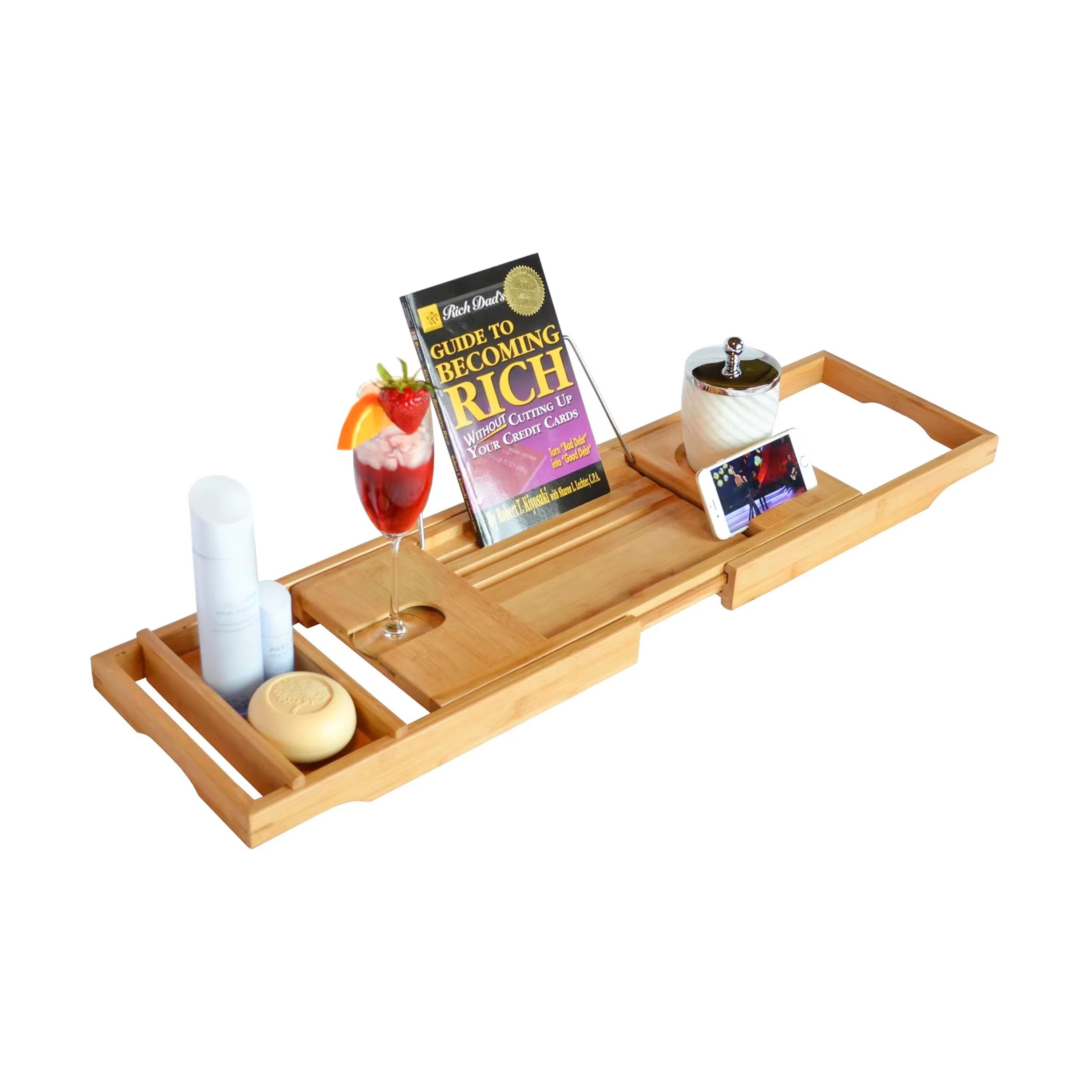 product luxury spa bathroom organizer bamboo bathtub caddy tray extendable bath tub tray with wine glass device holder-2