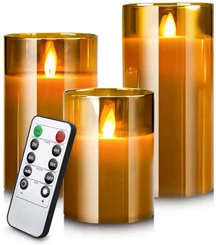Battery Operated Real Pillar Wax Flickering Moving Wick Effect Gold Glass Candle Set with Remote Control For Home Decoration