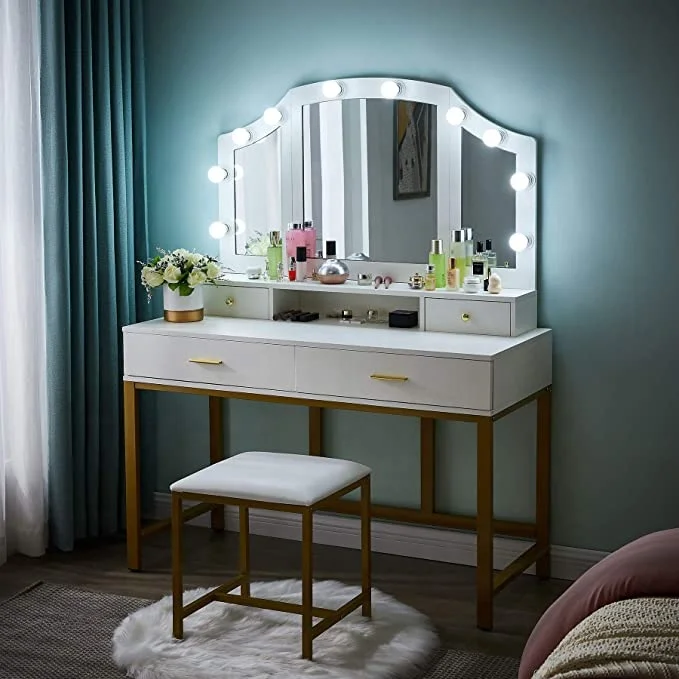 NOVA Elegant Makeup Table Golden Frame Vanity Dresser 47inch Large Vanity Set with Tri-Folding Lighted Mirror