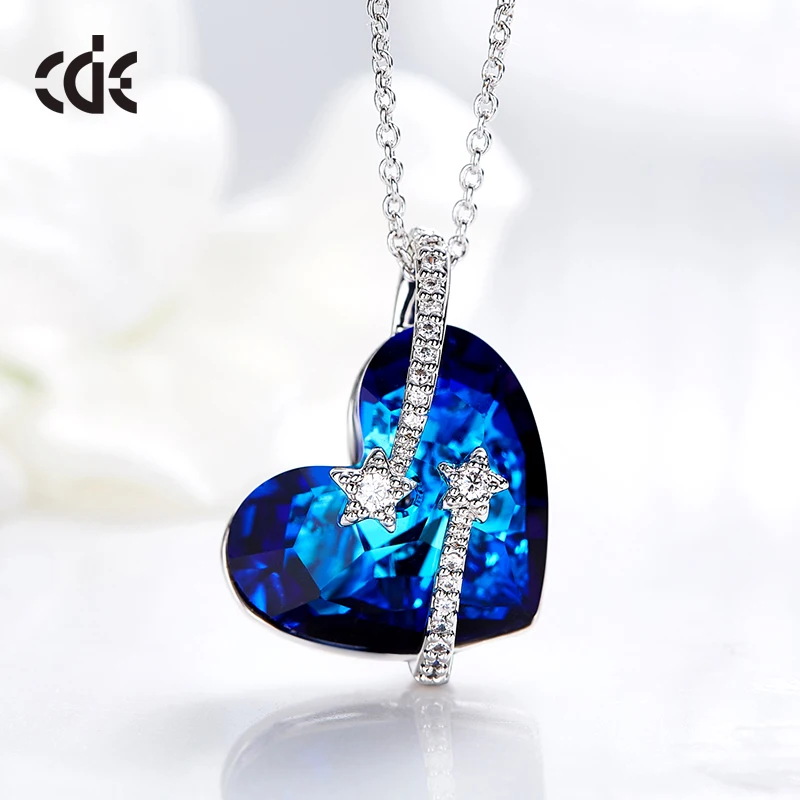 CDE P0964 Trendy Jewelry 2023 Love Necklace Blue Gemstone Austrian Crystal Heart-Shaped Pendant Necklace For Women