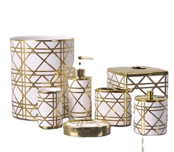 Gold decal ceramic bath accessory sets,Luxury Golden toilet sets,ceramic bathroom soap dispenser set