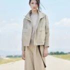 Coat Hot Sale Waist Drawstring Pocket Hooded Zipper Slim Sleeve Woolen Knitted Women Woolen Coat GUDU