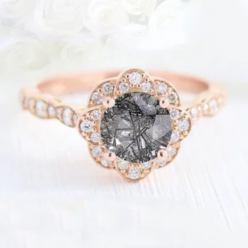 Custom Design 925 Sterling Silver Jewelry Rose Gold Plated Gemstone Black Rutilated Quartz Round Cut Flower Ring