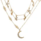 Simple Crystal Rhinestone Star Moon Pendant Necklace Gold Plated Multilayer Necklace For Women Girls
