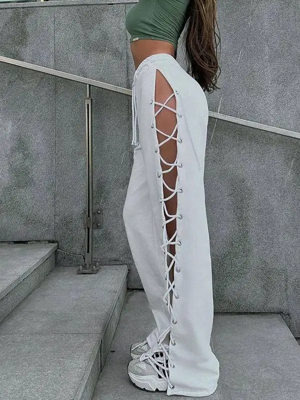 Hot Selling Women Trendy White Lace up Side Slit Pants High Waist Loose Wide Leg Trousers Casual Streetwear Women's Jeans manufacture