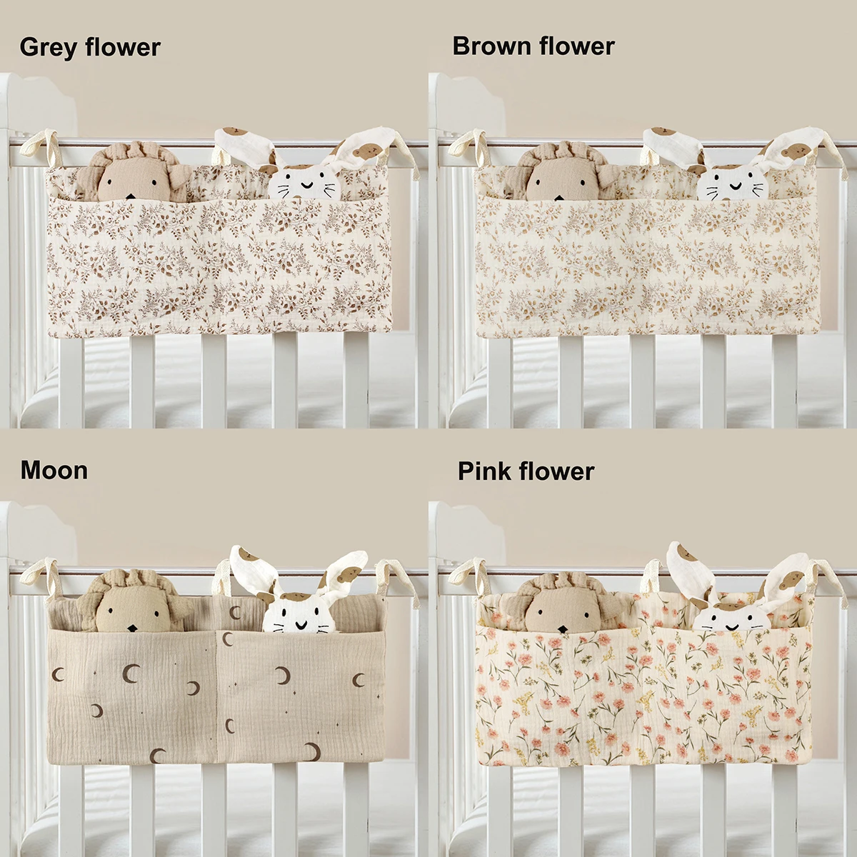 Muslin Cotton Double Pocket Baby Nursery Essentials Bedding Crib Organizer Hanging Diaper Storage Bag for Clothing Diapers Toys
