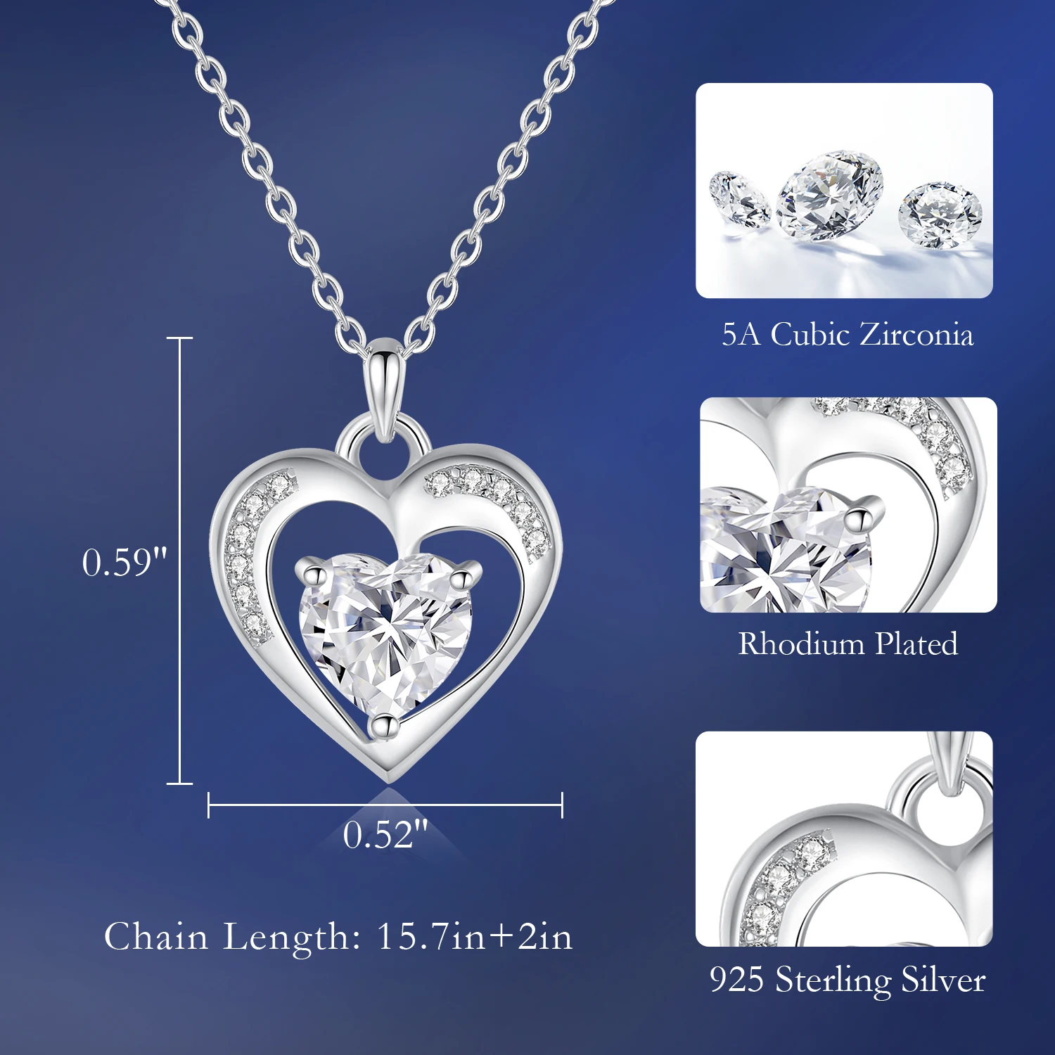 CDE CZYN013 Fine Jewelry 925 Sterling Silver Necklace Wholesale Rhodium Plated Women Gift Heart Cut Necklace