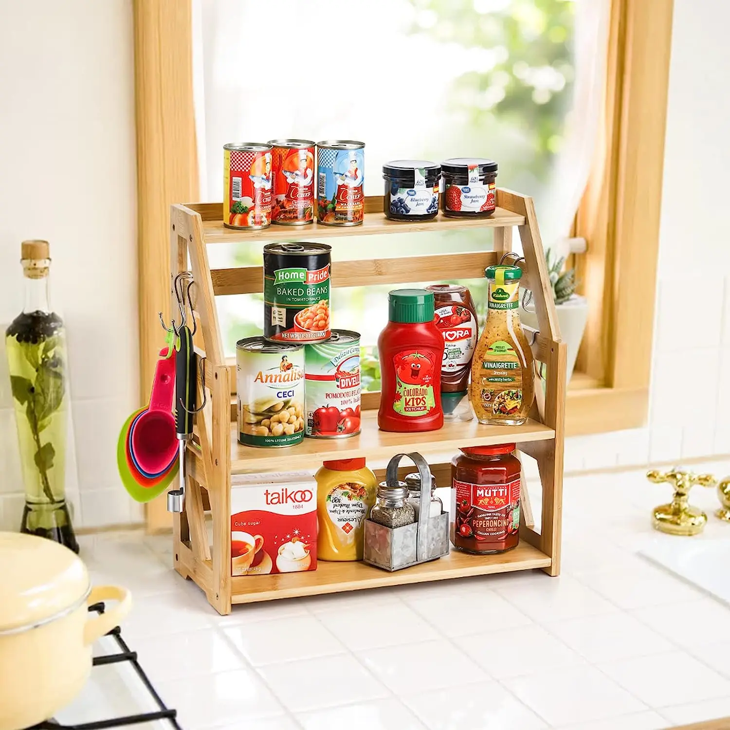 product 3 level bambu spice storage rack foldable and multifunctional food container for kitchen counter garage sundries storage-0