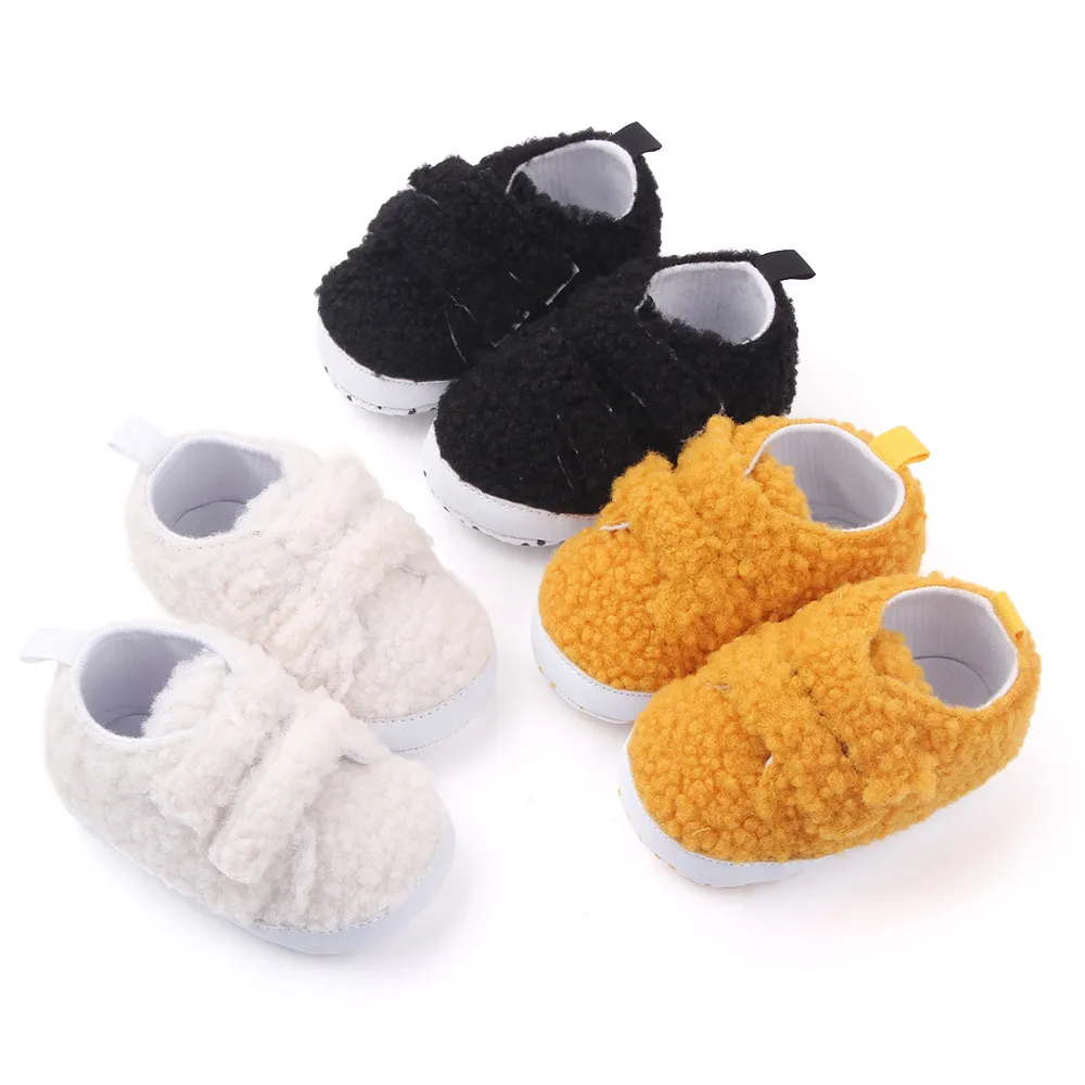 Solid Color Warm Teddy Fleece Double Line Baby Soft Soled Comfortable Toddler Shoes factory