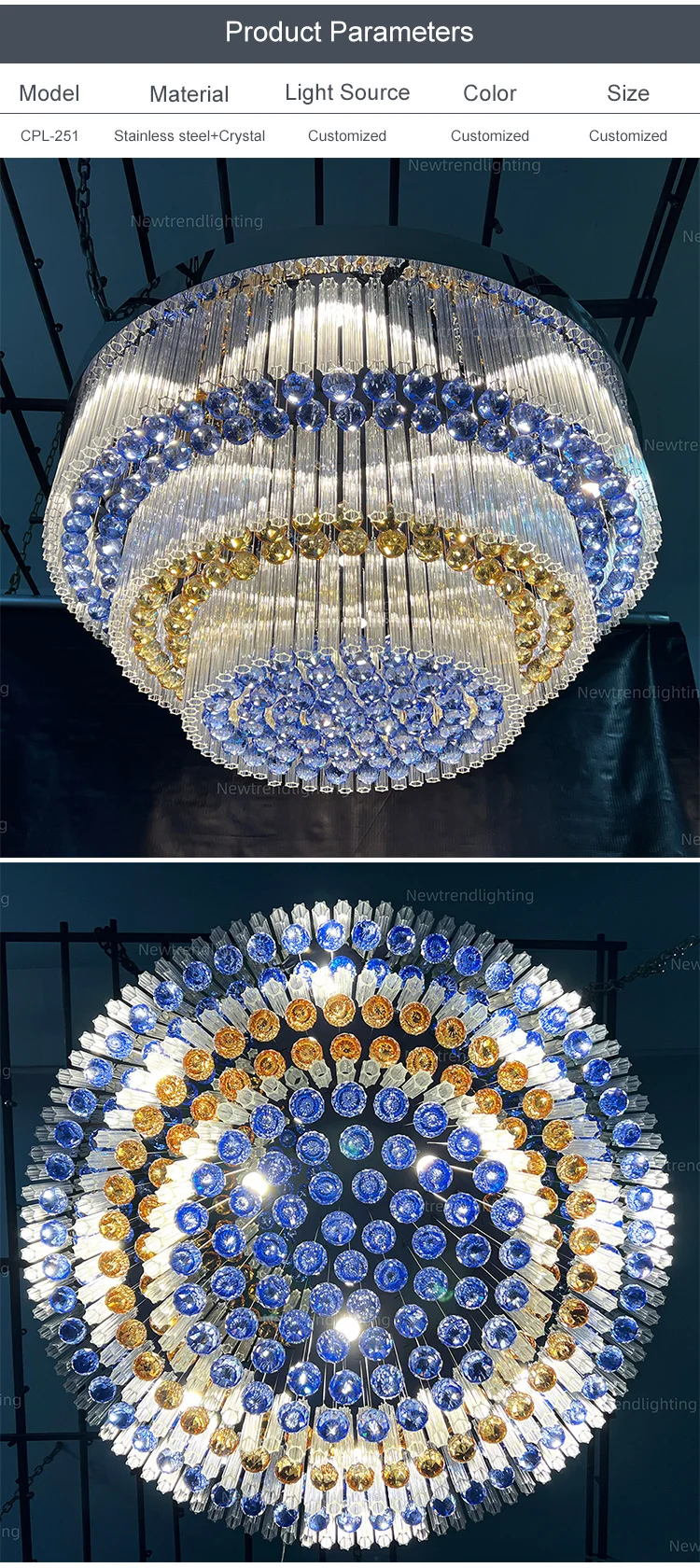 CPL-251 Custom Indoor Hotel Lobby Villa Decoration Fixtures Luxury Crystal Chandelier Ceiling Lamp supplier