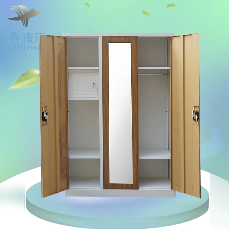 Modern 3-Door Metal Wardrobe Godrej Steel Almirah Closet Cheap Iron Armario De Metal Bedroom Furniture Almari Baju Dewasa