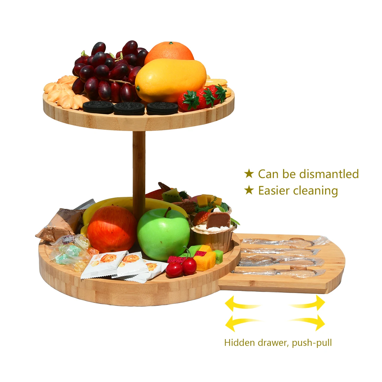 2 Tiers Round Rotary Bamboo Cheese Board and Knife Set with Food Plate for Women Bachelorette Party gi