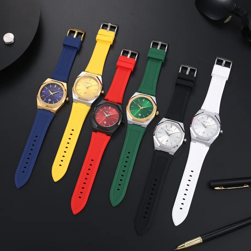 Wholesale Mens Comfortable Silicone Strap Sport Wrist Watch Date Display Octagon Alloy Quartz Watches Fashion Watch