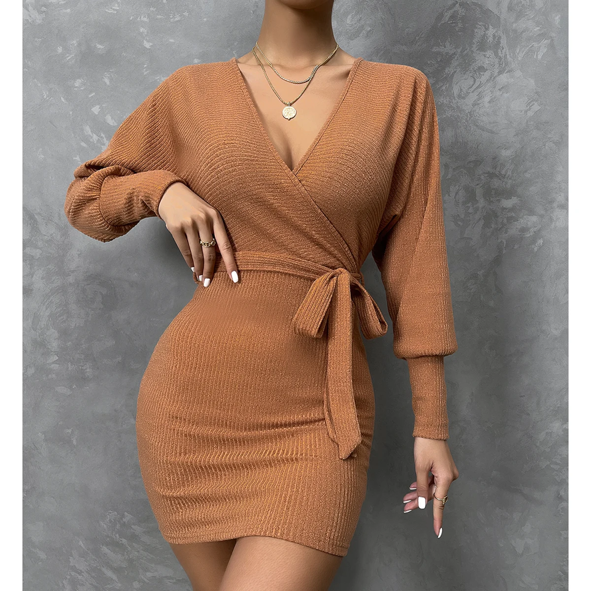 Autumn and winter Sexy V-neck Long Sleeve Women knitted Dress casual solid colour Loose Bandage Dresses Knitwear Maxi Vestito