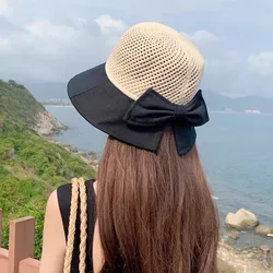 Summer Women Sun Hat Foldable Small Brim Sunscreen Hat Mesh Hollow Bowknot Beach Fashion Ladies Bucket Fisherman Hats