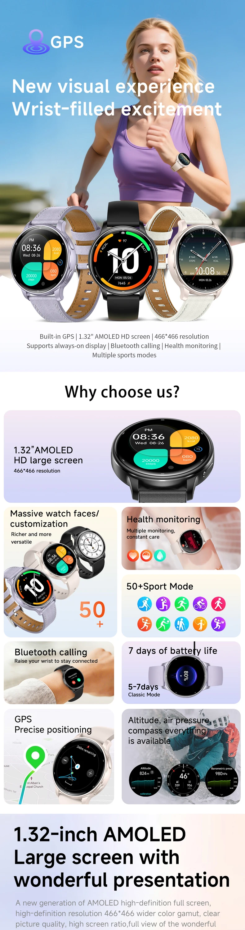 product km96 smart watch for women 132 amoled screen gps tracking 3atm waterproof 450mah battery dual straps fitness tracker-0